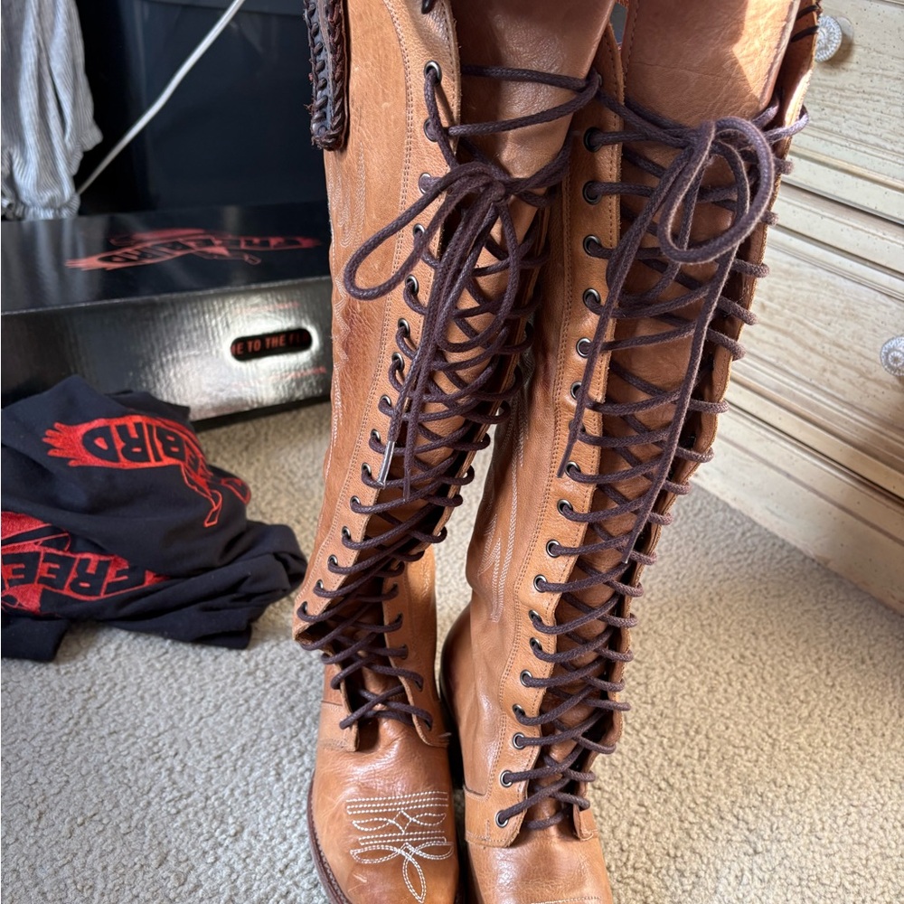 Tall Lace-Up Women's Leather Boots in Brown - Picture 5 of 11